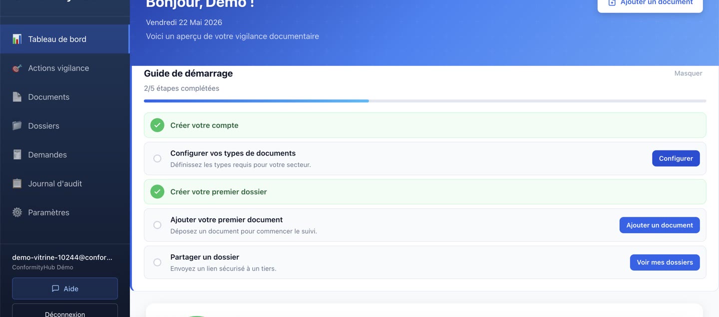 Tableau de bord ConformityHub : taux de vigilance, guide de démarrage et actions clés