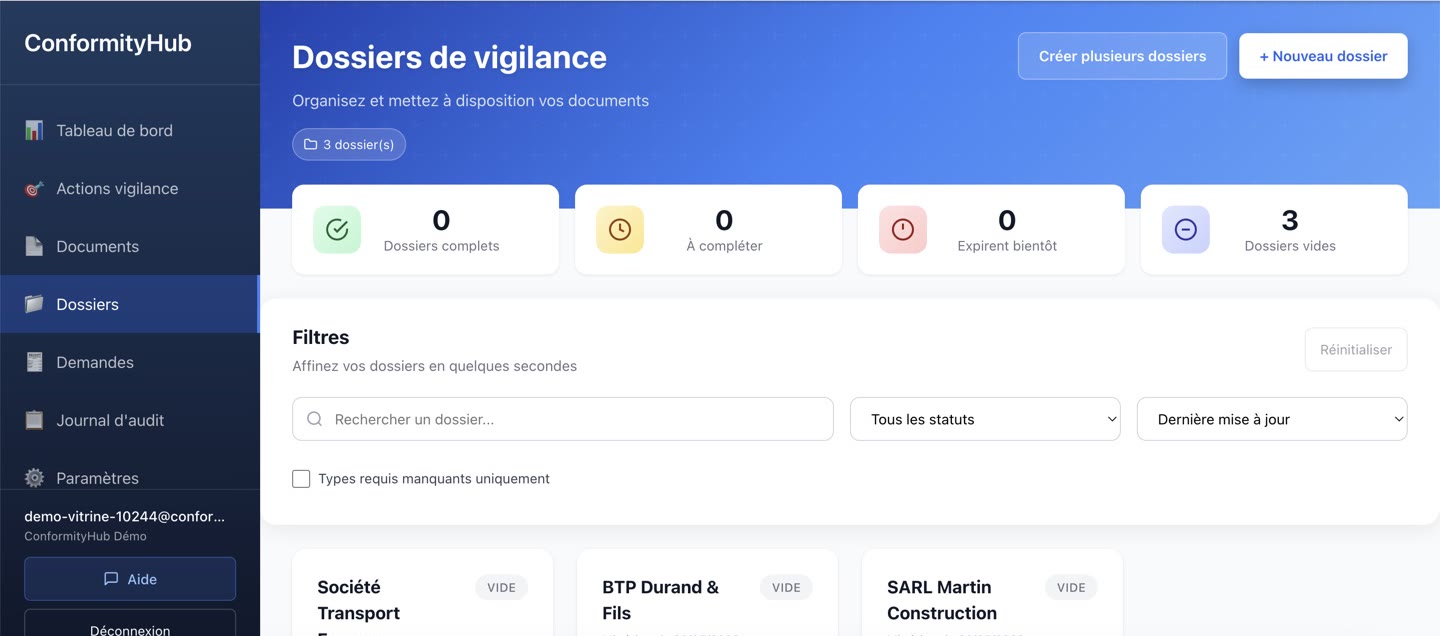 Vue Dossiers de vigilance avec 4 stats KPI, filtres et liste des dossiers