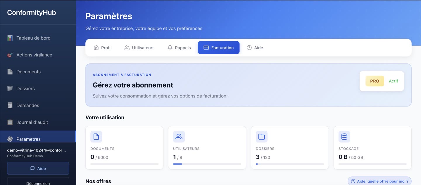 Page facturation : abonnement Pro Actif, utilisation et offres disponibles